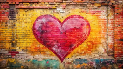 Poster - A painted red heart on an old, weathered brick wall with shades of yellow and orange