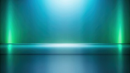 Poster - Abstract blue and green background with a single platform in the middle of the image. The platform is illuminated by two green lights on each side, creating a futuristic and modern feel.