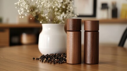 Wall Mural - Elegant Wooden Salt and Pepper Grinders on a Table with White Flowers