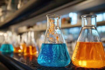 Poster - Two glass flasks filled with liquid sitting on a countertop