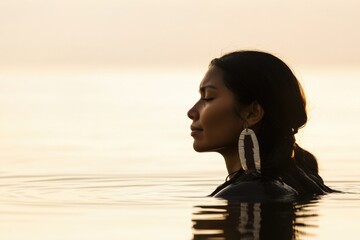 Poster - A woman is seen submerged in the water with her eyes closed, possibly meditating or enjoying the surroundings