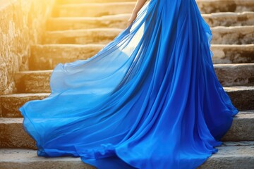 Sticker - A woman stands on steps wearing a blue dress, suitable for use in editorial or lifestyle photography