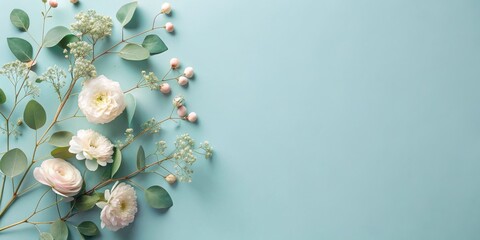 Poster - Delicate white blooms and green leaves arranged on a light blue background, creating a simple yet elegant floral composition.