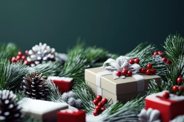 Poster - A gift box surrounded by natural pine elements, perfect for winter or holiday-themed scenes
