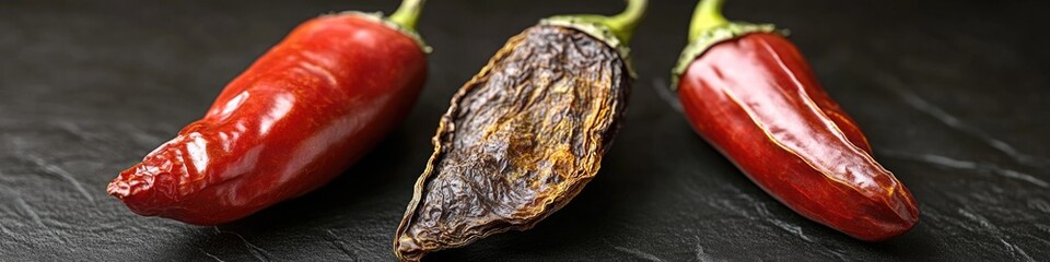 Poster - A pair of bright red peppers resting on a table, ideal for use in food or interior design images