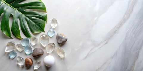 Aufkleber - A serene arrangement of natural elements on a white textured background with a large leaf, translucent stones and polished pebbles.