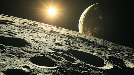 Poster - Cratered moon surface with sun and planet.