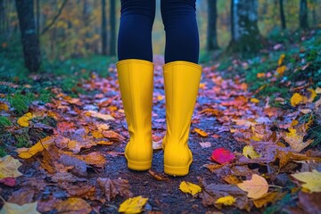 Poster - A person is standing in a forest, wearing bright yellow rain boots