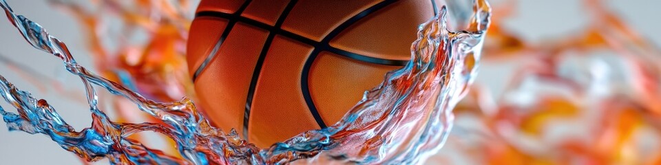 Poster - A basketball in a net with water splashing around, perfect for sports or aquatic themed projects