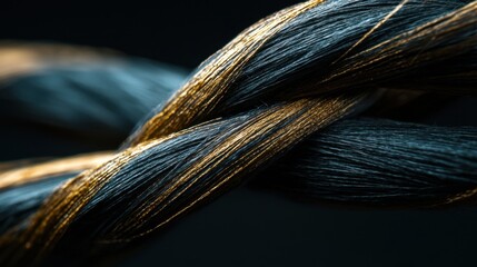 Poster - The close-up captures the intricate weaving of thin black and gold threads, highlighting their smooth texture and shimmering appearance against a dark background, creating a striking visual contrast