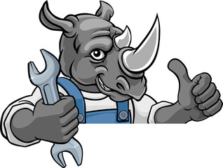 Wall Mural - Rhino Plumber Or Mechanic Holding Spanner