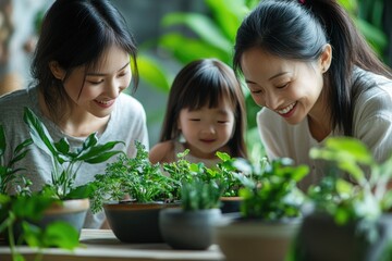 Poster - A mother and her two kids examining flora in an outdoor setting