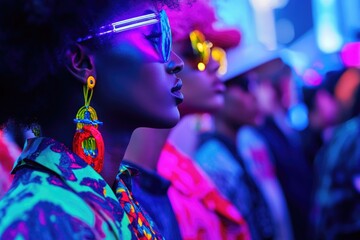 Poster - A group of people standing in a brightly lit room with neon lights, great for events or parties