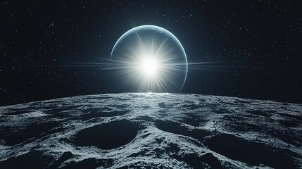 Poster - Sun rising over cratered alien planet surface.