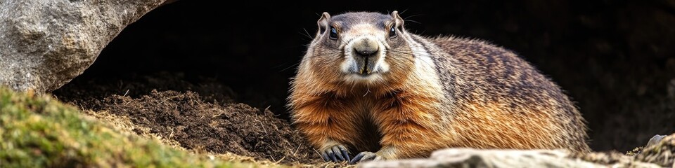 Poster - A groundhog standing near the entrance of a cave, great for outdoor or wildlife-themed projects