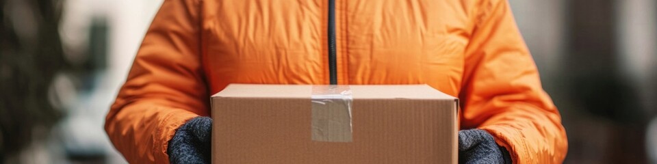 Aufkleber - A person wearing an orange jacket holds a box, possibly containing something valuable or important