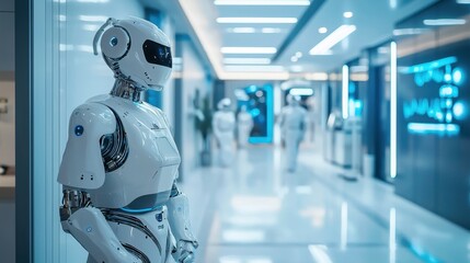 Poster - A humanoid robot stands in a sleek, modern office corridor, surrounded by futuristic lighting and advanced technology. The atmosphere emphasizes innovation and artificial intelligence