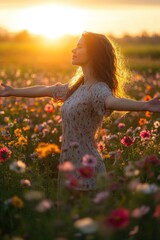 Poster - A woman stands among blooming flowers, serene and peaceful