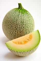 Poster - A halved cantaloupe fruit on a clean white surface, perfect for food photography and recipes