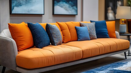 Fototapete - Closeup view of modern earthtone interior showcasing a comfortable sofa and abstract wall art viewed from a low angle to accentuate the textures and color palette of the room