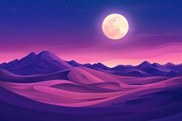 Aufkleber - A desert landscape with sand dunes glowing under a full moon, soft shadows