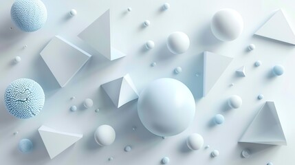 Wall Mural - White geometric shapes and spheres arranged on a white surface.