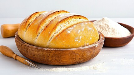 Wall Mural - golden sourdough bread in rustic wooden bowl with flour