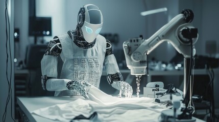 Poster - A humanoid robot uses a sewing machine to create garments in a high-tech workshop. The setting features bright lights and modern tools, emphasizing innovation in fashion