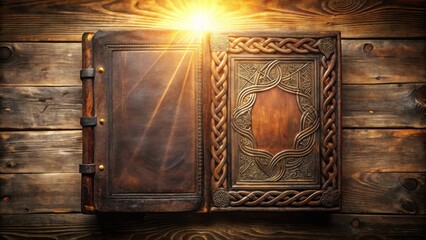 Poster - An ancient, ornately carved leather-bound book lies open on a rustic wooden surface, bathed in a soft golden light.