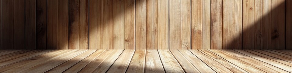 Aufkleber - A simple wooden floor with a wooden wall in the background, ideal for home decor or architectural projects