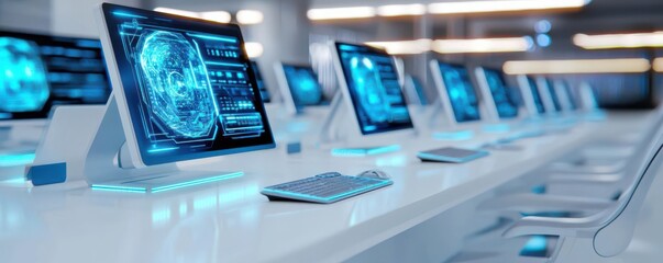 Futuristic workspace with high-tech computers and digital displays.