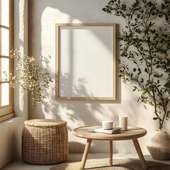 Poster - Close up of frame mockup on a small table in a beige cozy room Candlelight creates soft shadows while the minimal decor adds to the warmth of the space 3D render of serene living