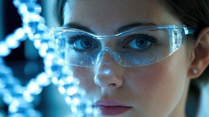 Poster - A focused young scientist wearing protective goggles studies molecular structures illuminated by blue light in a modern laboratory setting, emphasizing her dedication to research
