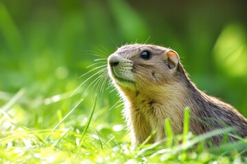 Poster - A close-up shot of a ground squirrel looking up from its surroundings, potentially searching for food or observing its environment