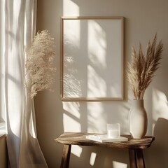 Poster - Close up of frame mockup on a small table in a beige cozy room Candlelight creates soft shadows while the minimal decor adds to the warmth of the space 3D render of serene living