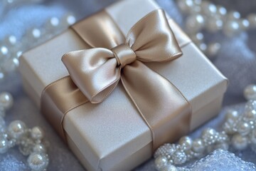 Poster - A beautiful white gift box wrapped with a luxurious gold bow and adorned with pearls