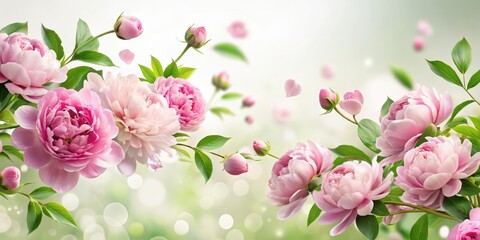 Wall Mural - Soft pink peony flowers swaying in gentle floral wave motion amidst lush green foliage and scattered hearts on a serene white background , serene, flowers