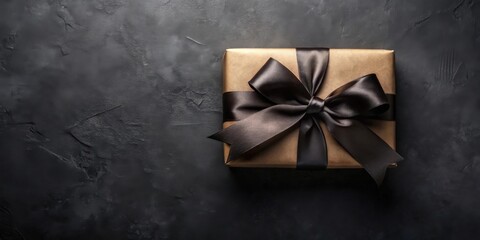 Poster - A Simple Brown Gift Box with a Black Satin Bow on a Dark Textured Background
