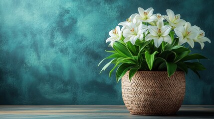 Canvas Print - White lilies, pot, teal wall, spring, greeting card