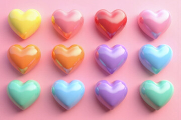 12 heart shaped objects in grid pattern pastel pink background