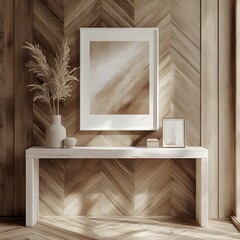 Poster - Close up of mockup poster in a white frame sitting atop a modern console table Beautifully arranged accessories complement the art creating a balanced design in this stylish 3D render