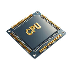 Poster - The image shows a detailed close-up of a central processing unit a CPU chip with golden lettering on a dark gray circuit board.