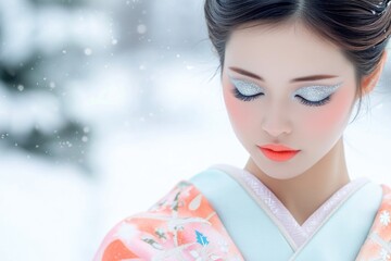 Aufkleber - A woman wearing a traditional Japanese kimono looks at her cell phone, possibly checking messages or social media