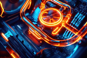 Poster - A close-up view of a computer case with colorful neon lights
