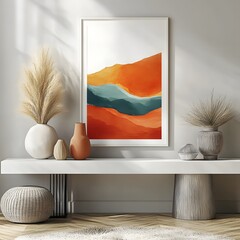 Poster - Close up of mockup poster in a white frame sitting atop a modern console table Beautifully arranged accessories complement the art creating a balanced design in this stylish 3D render