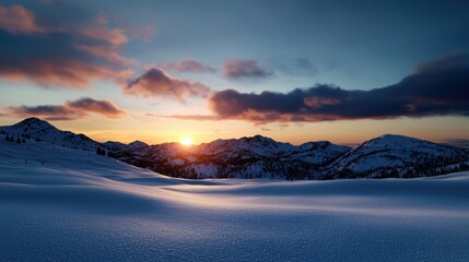Wall Mural - A stunning sunset illuminates a snow-covered mountain range, casting golden hues across the peaceful scene. The tranquil atmosphere invites reflection and appreciation of nature's beauty