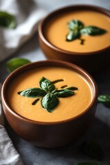 Poster - Fresh basil leaves served on top of two bowls of soup, great for food and recipe illustrations