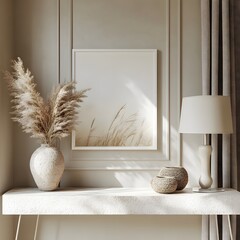 Poster - Close up of mockup poster in a white frame sitting atop a modern console table Beautifully arranged accessories complement the art creating a balanced design in this stylish 3D render