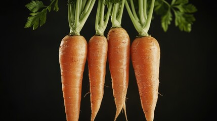 Poster - Fresh carrots hanging from a tree branch, perfect for decoration or still life photography