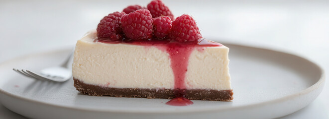 Canvas Print - Delicious slice of creamy white chocolate raspberry cheesecake on a porcelain plate with fresh raspberries and pink sauce.fresh raspberries. raspberry dessert